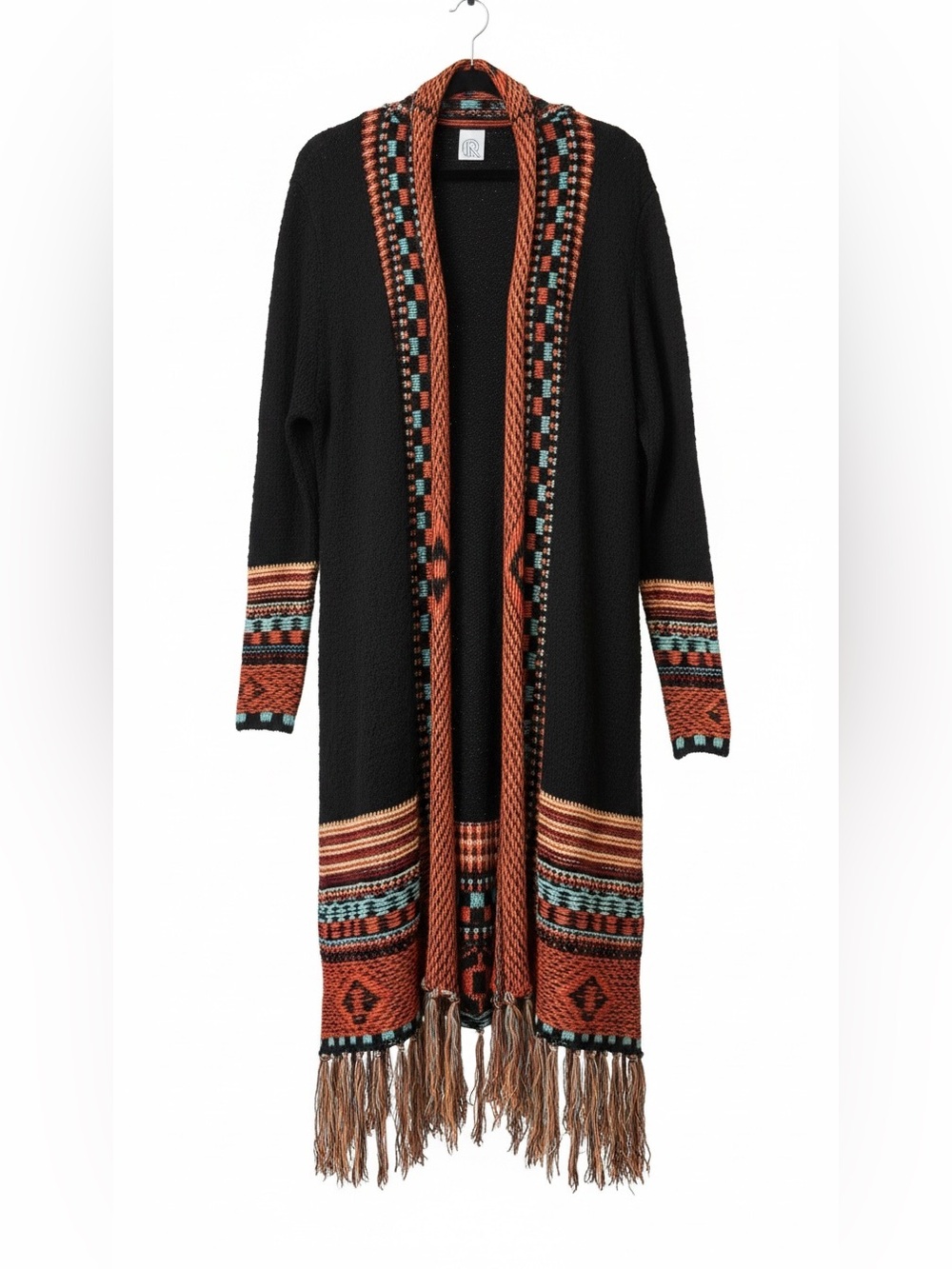 Boho Fringe Open-Front Long Cardigan Sweater - Black with Rust & Teal Accene